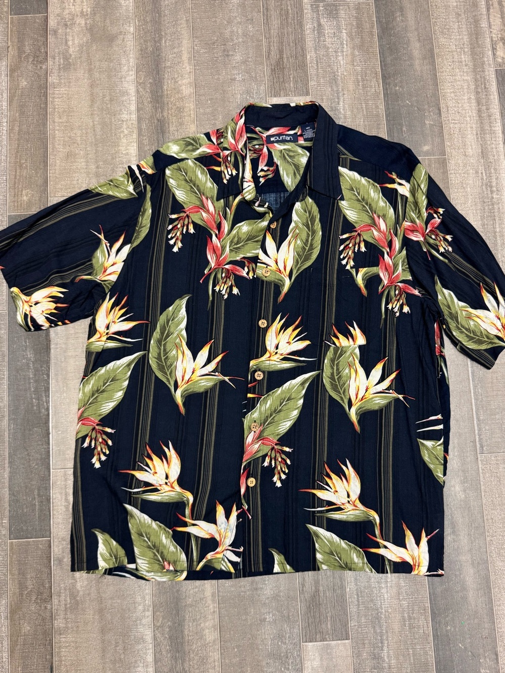 Puritan Hawaiian Shirt Men’s L Black Birds /Paradise Floral RayonTropical Aloha